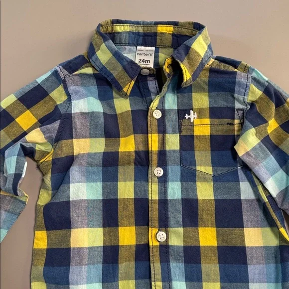 💜3/$15 Plaid Button Up Shirt and Bear Print Onesie Set - Picture 3 of 8